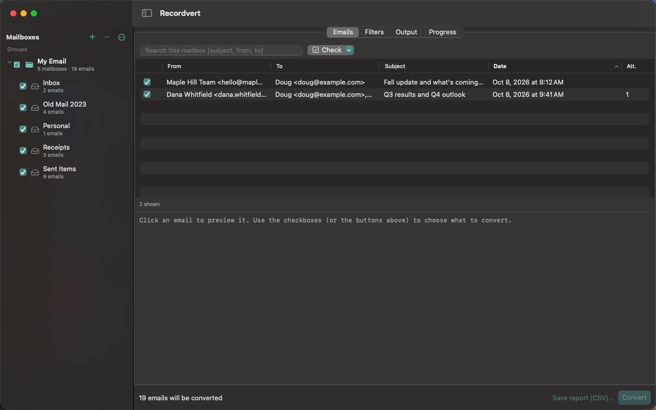 Recordvert window listing mailboxes ready to convert